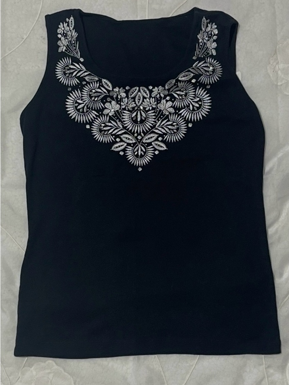 Karen Scott Black Tank with Silver Embroidered Yoke - Picture 3 of 8